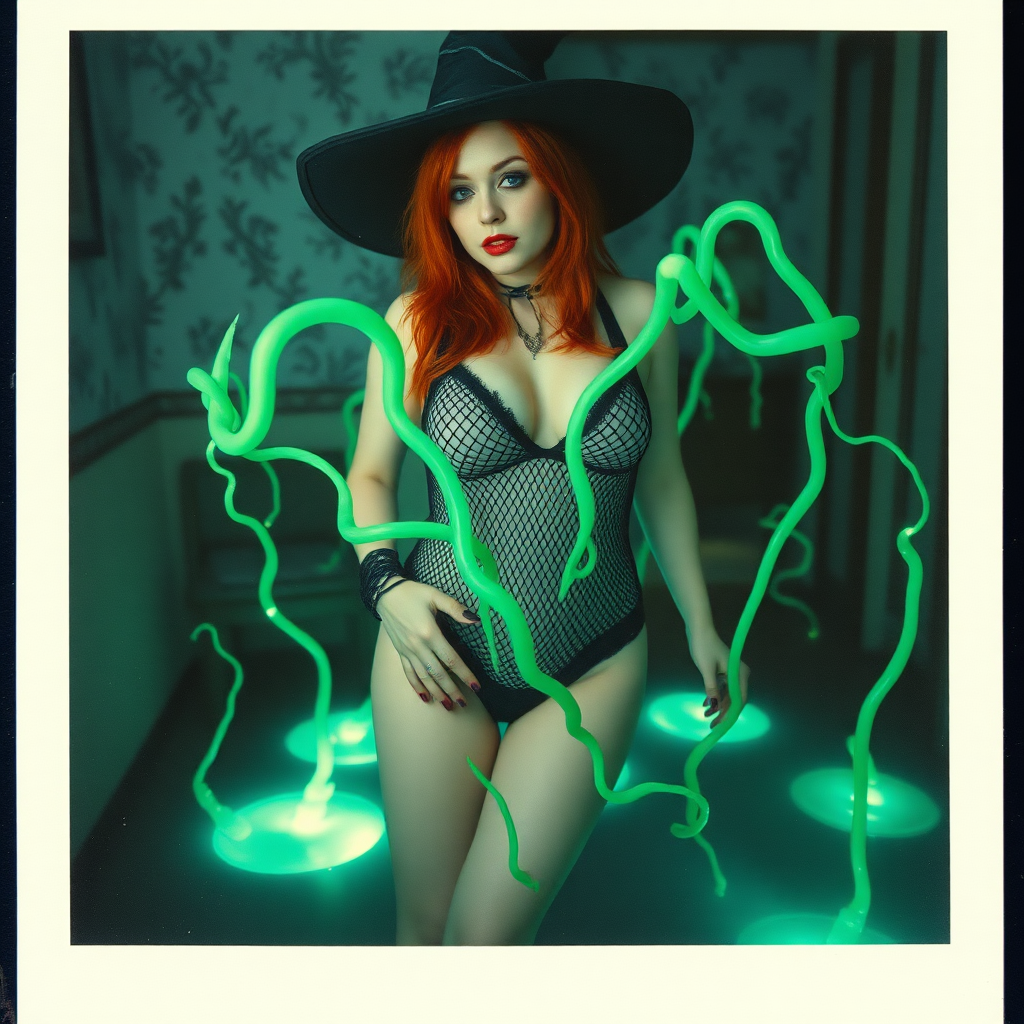 An old polaroid photo with heavy dark vignetting and a blue color tint to the photograph and visible light leaks. The photo depicts a sexy alt goth girl with pale skin and red hair. She has a plump booty. She has large breasts with ample cleavage and is wearing a black fishnet bodysuit. She is wearing a witch hat. She is surrounded by glowing translucent green vines coming out of magic bright glowing pools of water on the floor, wrapped around her arms and legs. She is straddling a green vine between her legs. The image looks hazy and grungy. She is in an old house with wallpaper on the walls. Dark lighting with camera flash used. Candid.