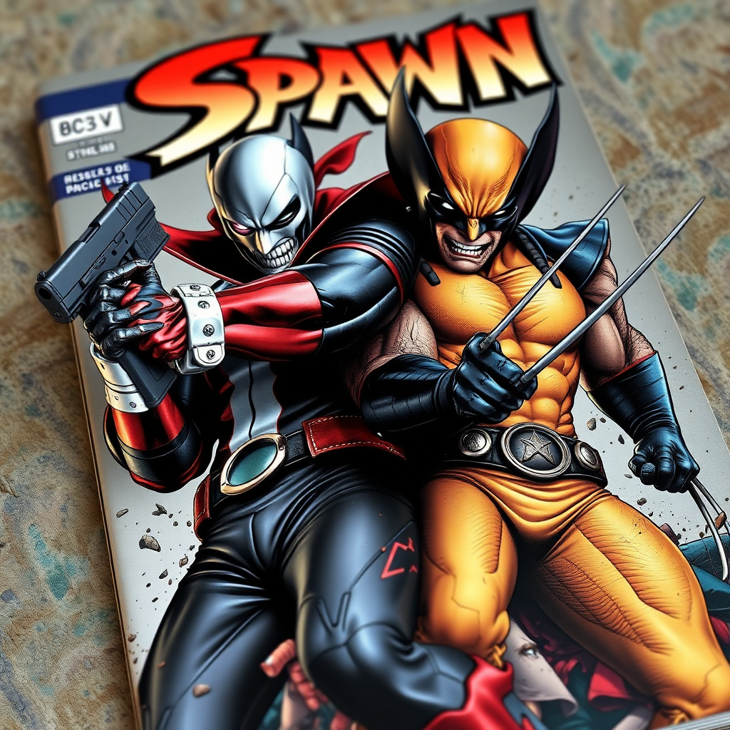 On a comic book cover is Spawn holding a gun Vs Wolverine in Cinematic Real3d photo-realistic quality.