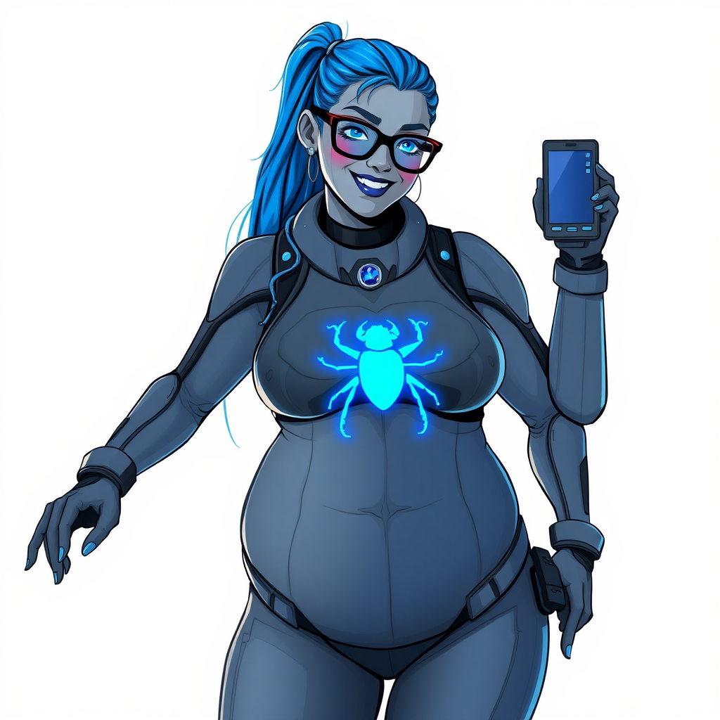 A cyberpunk vigilante’s full-figure middle gray metallic skinned computer program hybrid 28-year-old digital sidekick and loyal girlfriend. She has a long maximum blue ponytail and middle gray metallic skin. She wears maximum blue lipstick, blue eyes, a sapphire beetle gemstone necklace, sapphire earrings, black eyeglasses, and an oversized, digital, computerized, middle gray nano suit featuring a neon blue glowing beetle chest icon that accentuates her prominently, round, gargantuan midsection. She sports a beaming smile with a neon red blush. She serves as his minicomputer operating in his hi-tech wristwatch and supercar's onboard computer using her ability to hack into machines and computer to relay vital mission information. The background is solid white. She is drawn as if she was in a retro 2D cyberpunk fighting game. Her midsection is bloated to emphasize her figure.