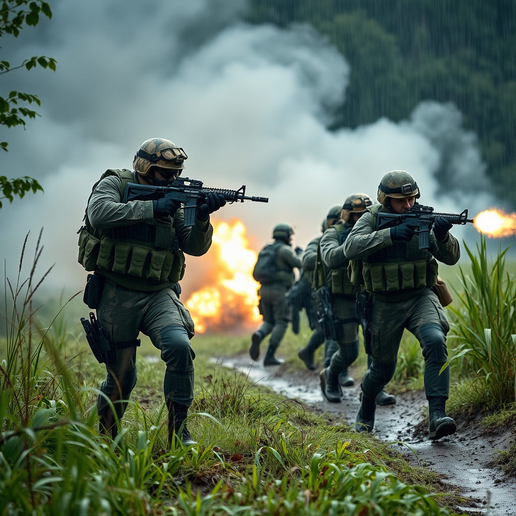 Kursk Oblast, Russia "Akhmat" special forces, Ukrainian special operations forces, American mercenaries, combat, gunpowder smoke, explosions, shooting, camouflage uniforms, helmets, bulletproof vests, jungle, grass, mud, lighting, rainy days, rain, Cinematic Lighting, available light,