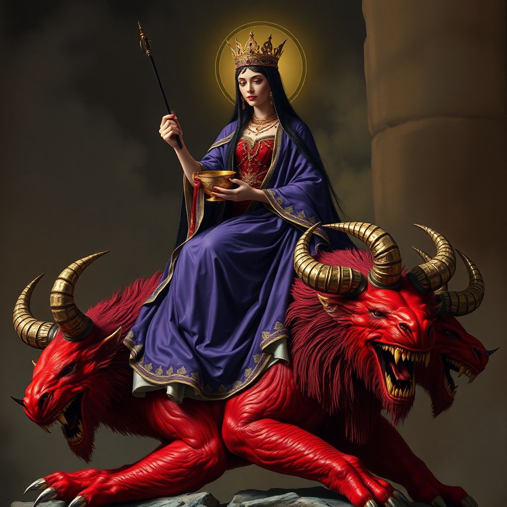 Photorealistic. A woman sitting on a scarlet beast that has seven heads and ten horns. The woman is dressed in purple and scarlet, and adorned with gold and precious stones and pearls. She holds in her hand a golden cup full of abominations and the impurities of her sexual immorality.