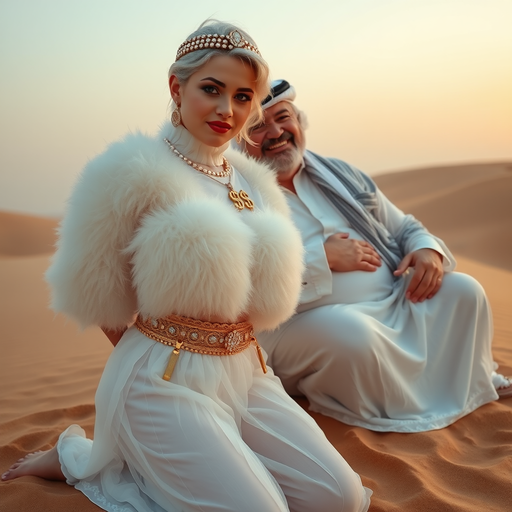 Kuwait desert dunes misty dawn: Melissa, European 17 years old very convincing femboy “trophy-bimbo”, tamed servile docile, very beautiful feminine flawless face, rather short boyish figure, platinum blond short tight curls, bold red lips, heavily made-up face, wearing Supertanya-style fluffy very fuzzy bright white angora turtleneck-poncho cropped ending under bust decorated with pearls and gemstones, striking oriental wide gold bridal protection belt, white fully transparent harem pants, full Oriental bridal jewelry with striking headpiece, full Oriental face-jewelry, striking diamond “$$$” letter brooch on left chest, pout frustrated, hands tied behind back, kneeling in sand, looking at camera. Focus on face and turtleneck-poncho. Sitting next embracing Melissa: older overweight mighty sheik laughing.