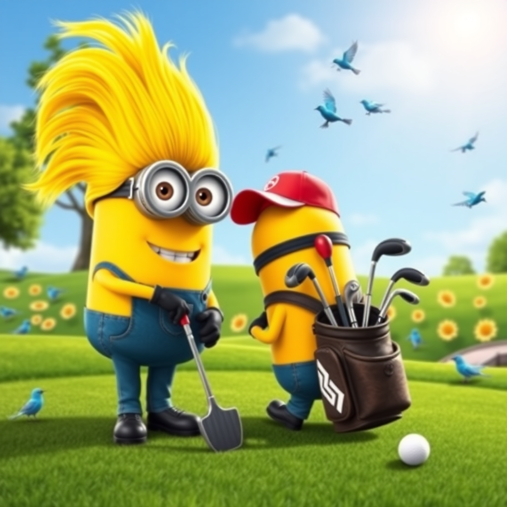 A minion from "Despicable Me" is playing golf on a beautiful golf course. He has a big bright yellow wig of hair. Another minion wearing a red ballcap is carrying his golf bag with the golf clubs in it. There are bluebirds and sunshine and the scene is beautiful and peaceful.