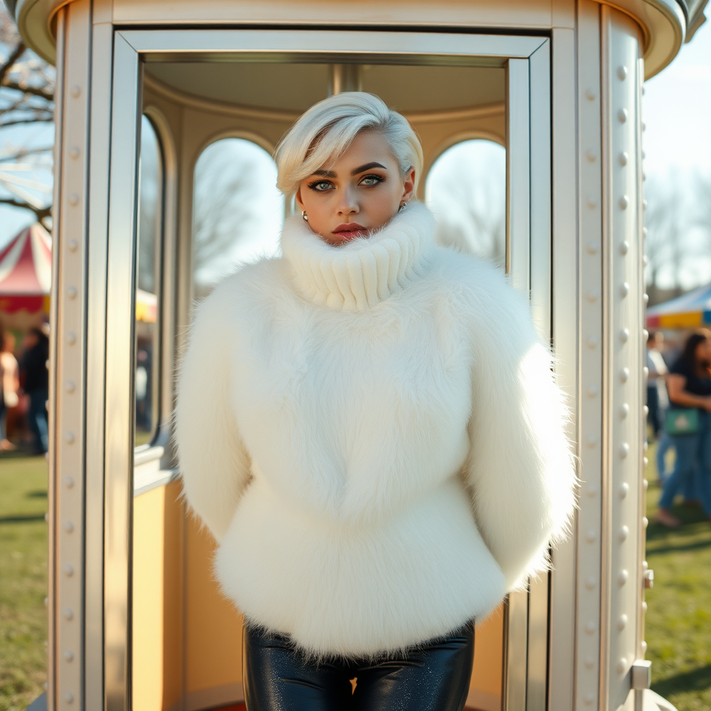 Amusement park “kissing booth”, sunny spring Sunday morning. Sam, 19 years old beautiful involuntary femboy, rebellious intractable character, petite boyish figure, platinum blond boyish rebel punk hairstyle, flawless heavily made-up face with sharp arched tattooed eyebrows, wearing Supertanya-style fluffy very fuzzy bright white angora thigh-length turtleneck-poncho fully covering body and arms, silver-glitter leggings, black leather high-heeled pumps, silver earrings, both hands tied to pole behind back, standing inside kissing booth, waiting for next customer to kiss. Focus on Sam’s face and turtleneck-poncho.