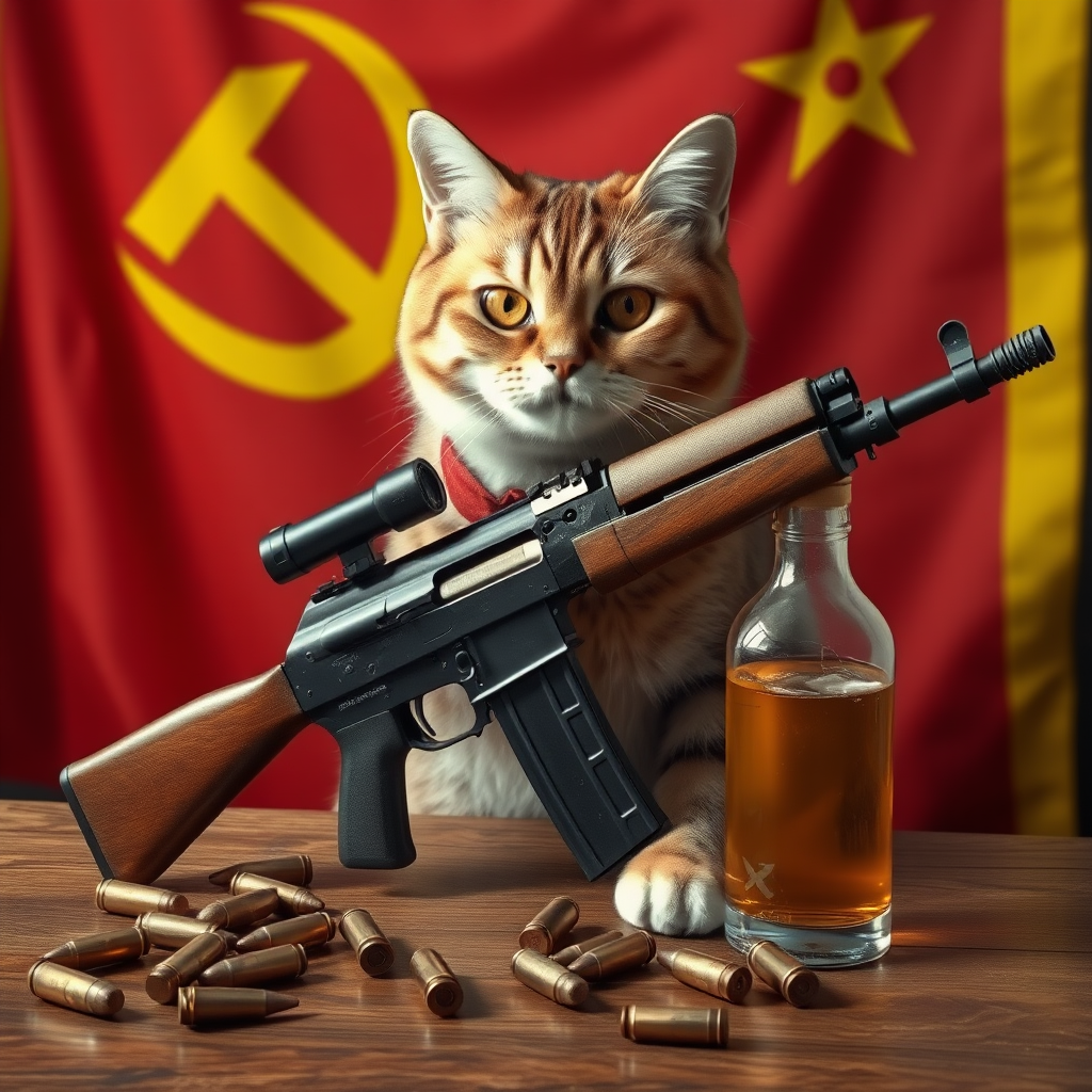 Soviet communist cat with an AK-47 and vodka and a Soviet flag behind a table with bullet casings on it