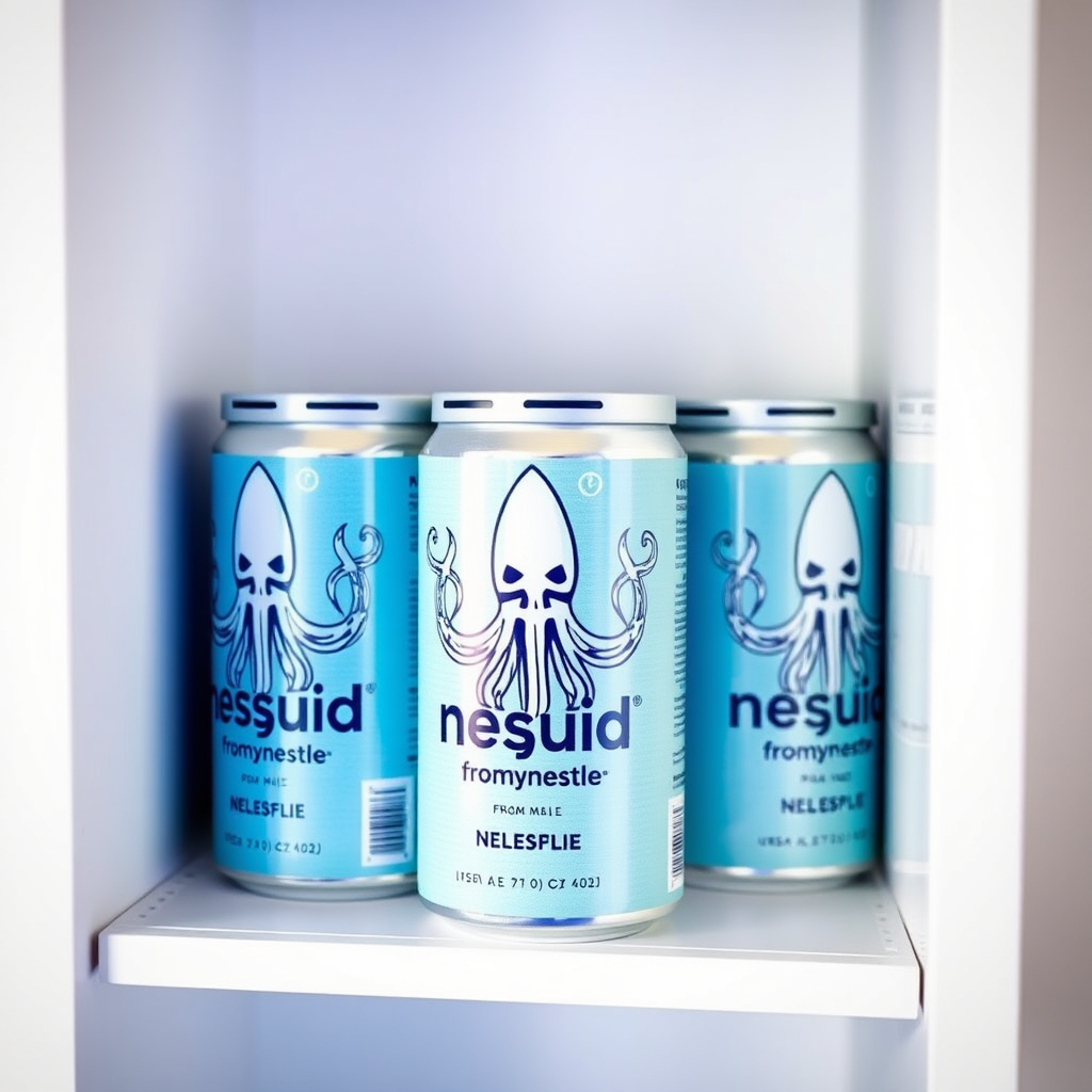 a small shelf with cans that have an image of squid on the label and text saying "nesquid from nestle"