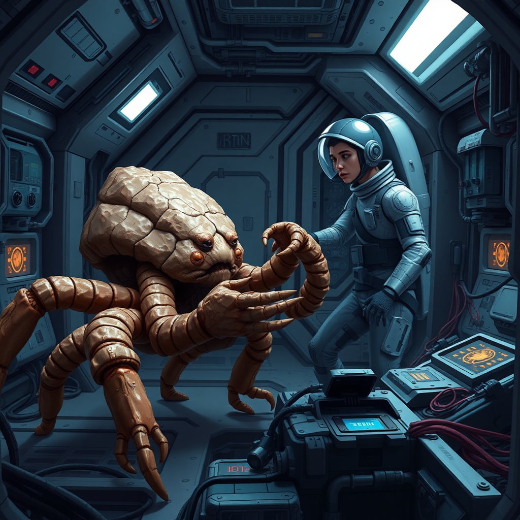 Depict Rocky, an alien from the planet Erid, aboard a high-tech spacecraft, working alongside Ryland Grace. Rocky is a five-legged creature with a crab-like appearance, covered in thick, chitinous armor. His limbs are arranged symmetrically around a central body, and each limb ends in a claw-like appendage, which he uses to manipulate tools with precision. His rock-like body contrasts with the smooth, sleek surfaces of the human-designed spaceship. In the background, Ryland Grace, a human astronaut in a futuristic space suit, is observing Rocky as they collaborate on repairing or analyzing a piece of alien technology aboard the ship. The environment should feel claustrophobic yet futuristic, with glowing control panels, tools, and wires scattered around the scene. Rocky’s presence, though alien, conveys a sense of cooperation and intelligence, with both characters focused on their shared task.