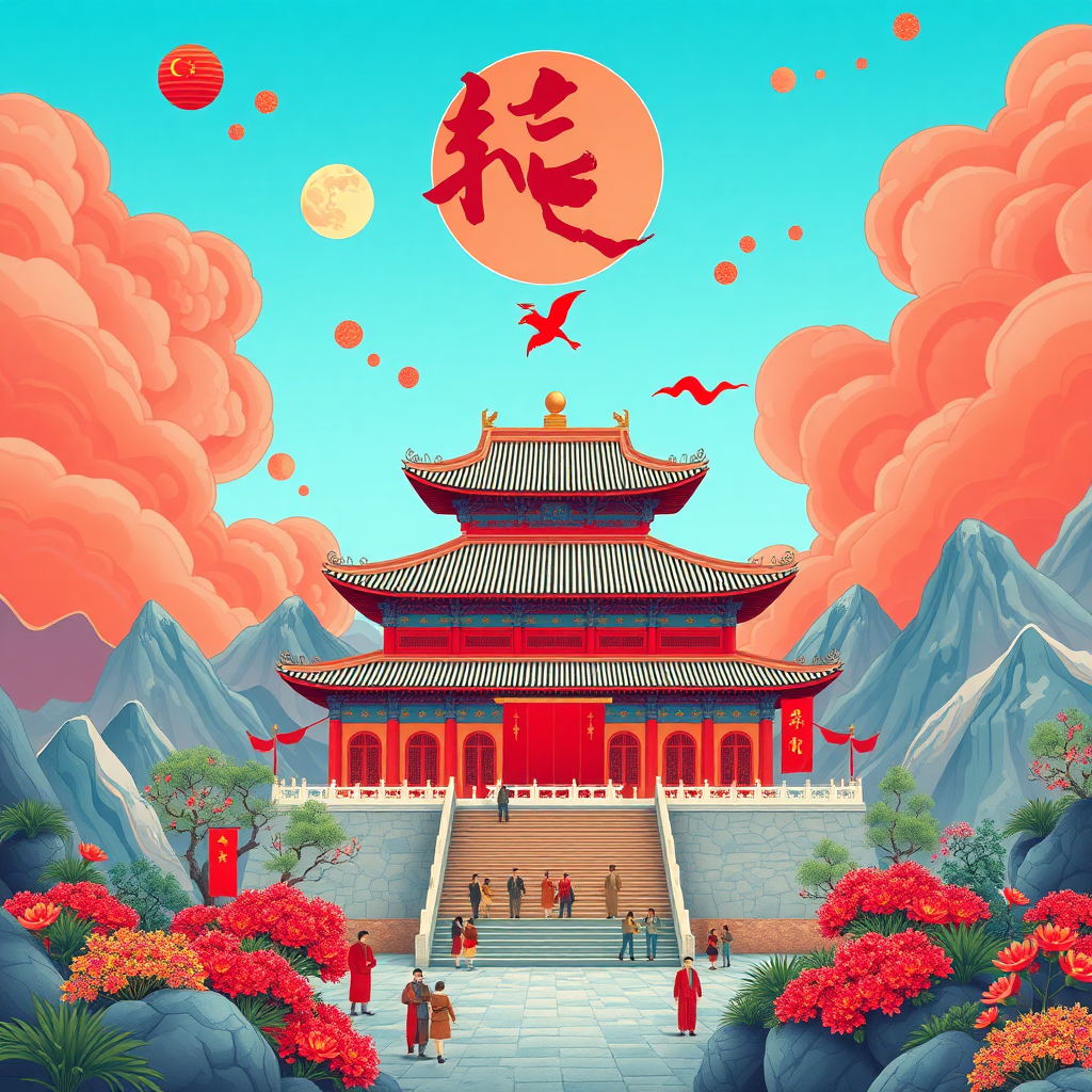 The Chinese people celebrate their National Day, Baoding Museum of Zhili Govern-general's Office
Chinese art，uses a psychedelic color scheme, ultra detailed, illustrations, light red and sky blue, fictional landscapes, psychedelic cartoons, mountain scenery, uhd images, illustration