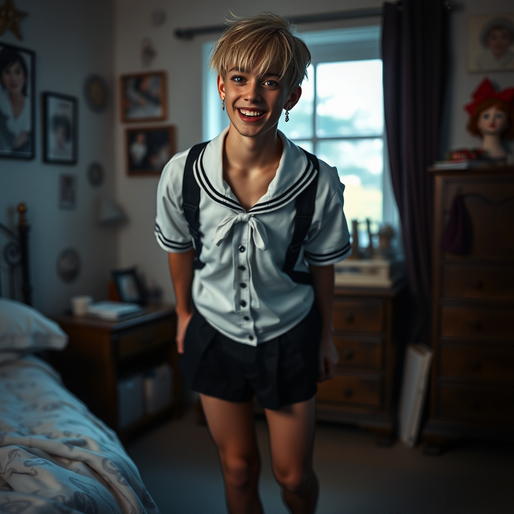 photorealistic, ultra high resolution, 16K, surreal fantasy, soft studio lighting, a pretty 16 year old goth male, slim male physique, short blonde hair, goth makeup, earrings, sheer pantyhose, UK girls-school uniform, Mary-Jane shoes, in the bedroom - , excited smile, facing the camera.