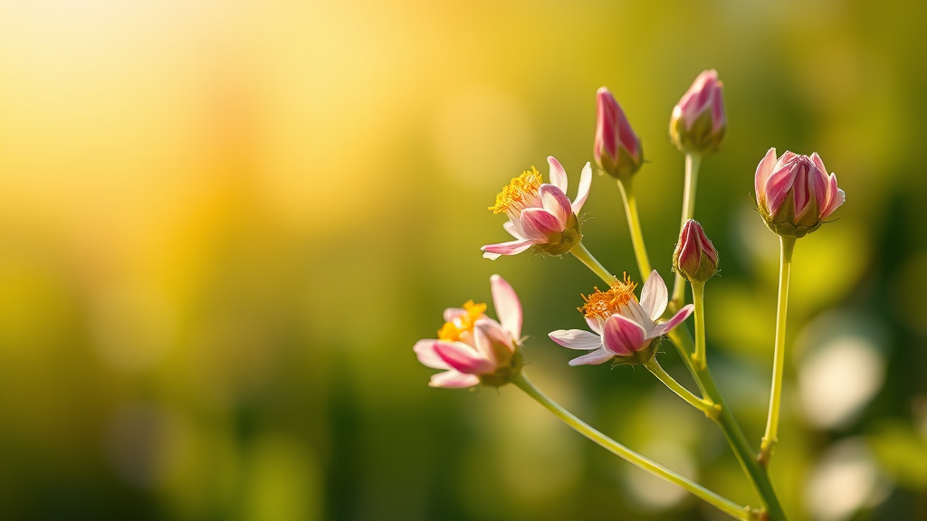 Create a realistic image, with beautiful wildflowers in bud. There are five buds arranged naturally to the side, and the background is out of focus, with sunlight shining naturally.