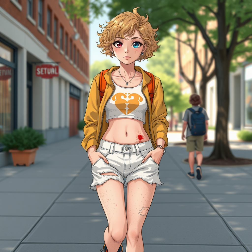 Realistic drawing style image, Extremely good quality 8k resolution drawn manga image of a 15 year old petite and short tomboy girl with golden blonde curly hair with mixed and different colored eyes for each eye and moles on her entire body and is a white American girl, Has on a Gold Jacket over a white extremely short crop top only covering her breasts and nothing more with a design on it, and has on ripped shorts and cool looking sneakers and a deep and big knife cut wound on her stomach from a huge injury she had, with a bright color backpack, ear piercings on, walking on the street to school in the morning with the beautiful sunlight lighting up her body beautifully with no tattoos.