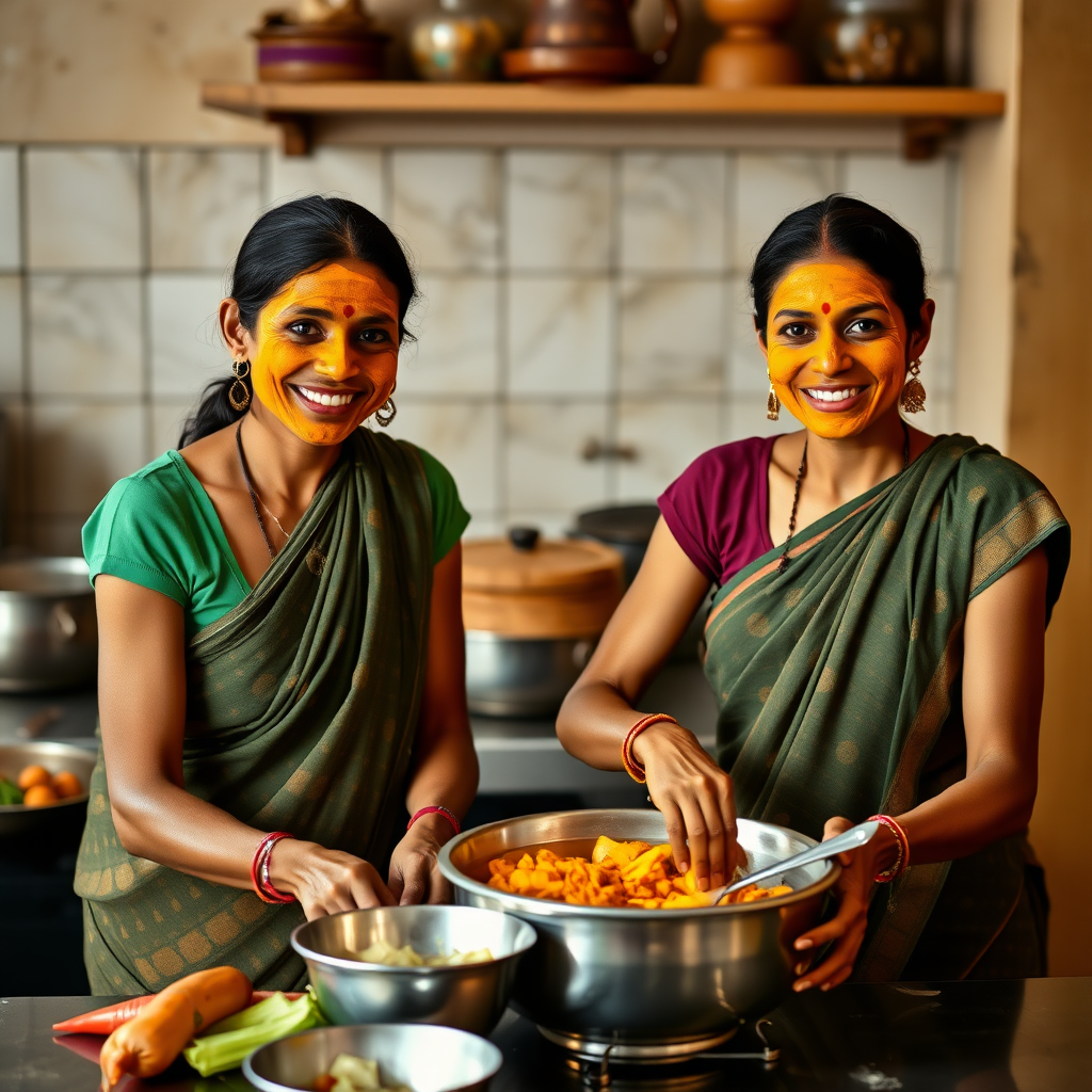 2 skinny, happy, 30-year-old Indian maids. They are preparing food in the kitchen. Their faces are covered with a turmeric face mask.