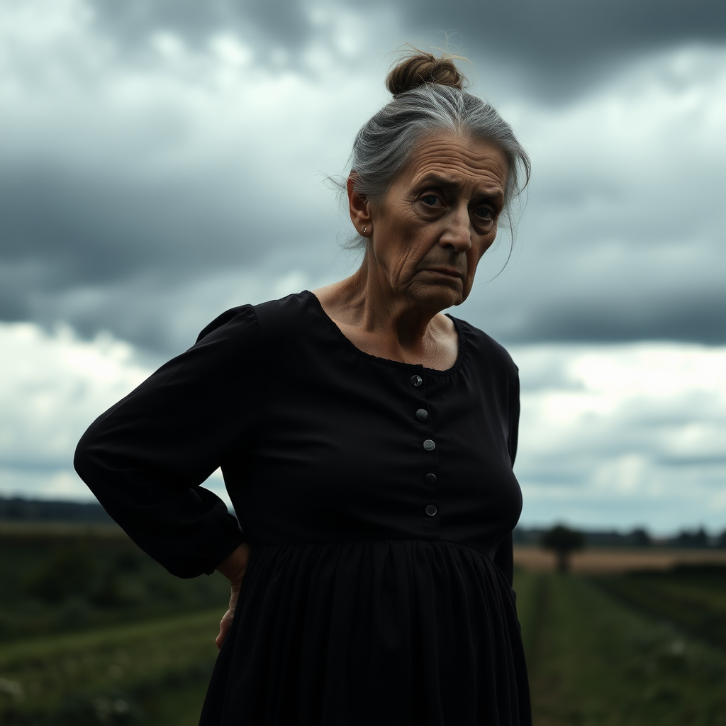 Very cloudy black sky with an elderly worried woman in a long dress in the Venetian countryside, hair tied up.