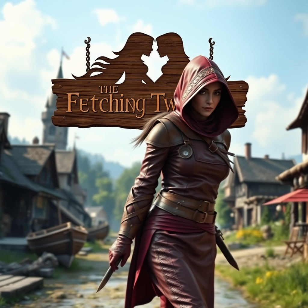 A wide distance shot of a female thief in a pastoral fantasy town. A mage tower in the background. She is fleeing from someone. A bar called "The Fetching Twins" has a wooden sign (consisting of a silhouette of two women leaning together for a kiss). Village of Dryden, dock with a run-down ship. She is wearing red leather armor with a hood and a sword belt.