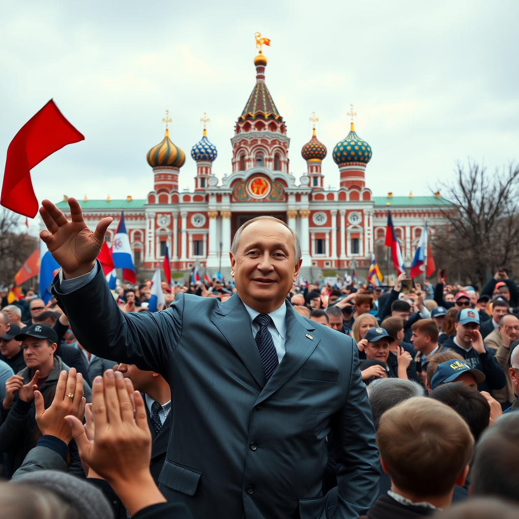 Putin and the crowd is celebrating in front of the Kreml.