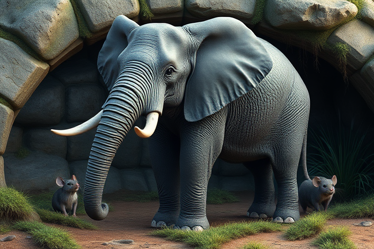 Create a full-length photorealistic image of an elephant resembling the framework of a mouse, maintaining its head intact, showcasing its distinctive facial features. The skin should exhibit the textured appearance of an elephant while incorporating soft fur elements reminiscent of a mouse. Design the background inspired by the habitats of both animals, blending lush savannah elements with cozy, grassy nooks typical of a mouse's environment. Ensure the scene captures a whimsical yet realistic portrayal, emphasizing the unique combination of these two creatures.