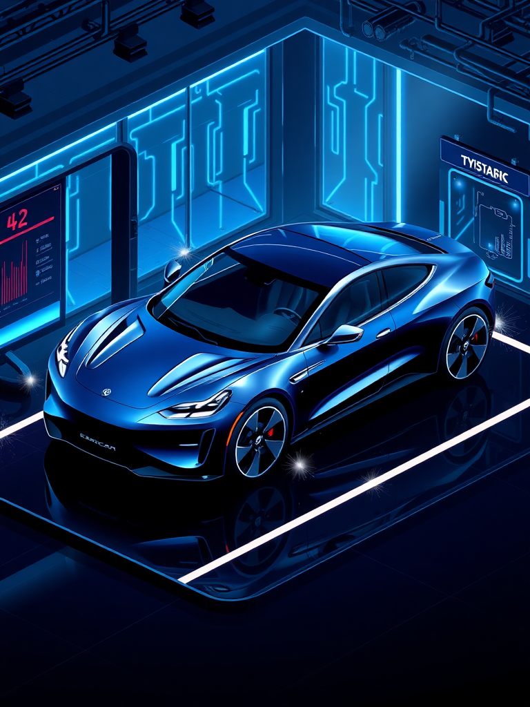 Draw an electric car in isometric view, high quality, very detailed, cybernetic around the electric car displayed in the showroom, and draw the background with a cybernetic and mysterious look like the movie "Tron", make the overall color dark blue for luxury, draw the electric car in the center of the layout and make the size of the electric car 1/5 of the screen size, create sparks around the electric car to make it look cool.