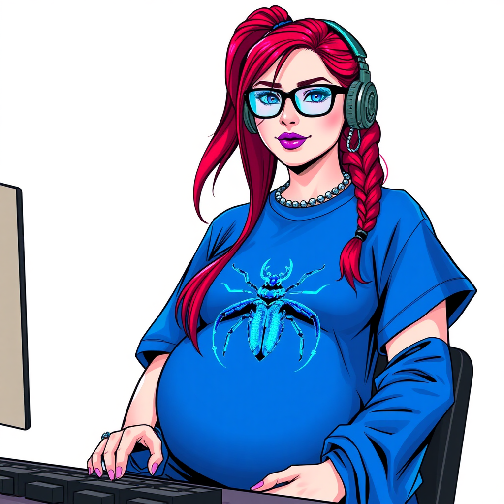 A cyberpunk vigilante’s full-figured intelligent and tech-savvy 28-year-old girlfriend, who is a computer hacker and tech genius. She has a long ruby red ponytail. She wears maximum blue lipstick, bright blue eyes, a sapphire beetle gemstone necklace, sapphire earrings, black eyeglasses, and an oversized maximum blue t-shirt featuring a blue sapphire gemstone crusted beetle chest icon. She has a full-figured physique with a prominent, massive, round belly, reflecting her well-cared-for lifestyle. She sports a sapphire headset with a hi-tech maximum turquoise lensed HUD, and a shy smile with a neon red blush. She serves as his tech expert from his hideout, diligently working at her lab table computer desk. The background is solid white. She is drawn as if she was in a retro 2D cyberpunk fighting game. Ensure her t-shirt covers her belly.