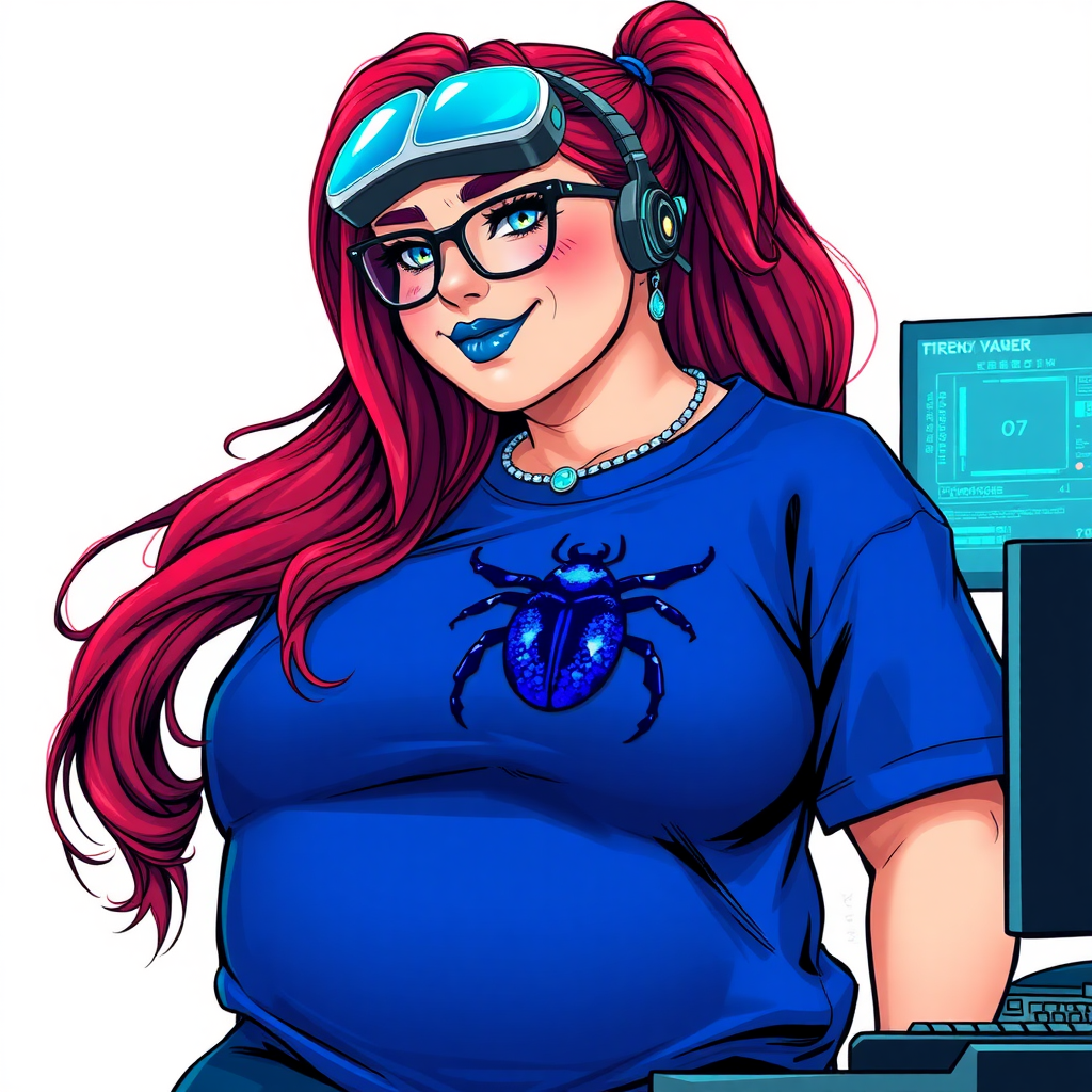 A cyberpunk vigilante’s full-figured intelligent and tech-savvy 28-year-old girlfriend, who is a computer hacker and tech genius. She has a long ruby red ponytail. She wears maximum blue lipstick, bright blue eyes, a sapphire beetle gemstone necklace, sapphire earrings, black eyeglasses, and an oversized maximum blue t-shirt featuring a blue sapphire gemstone crusted beetle chest icon. She has a full-figured physique with a prominent, massive, round belly, reflecting her well-cared-for lifestyle. She sports a sapphire headset with a hi-tech maximum turquoise lensed HUD, and a shy smile with a neon red blush. She serves as his tech expert from his hideout, diligently working at her lab table computer desk. The background is solid white. She is drawn as if she was in a retro 2D cyberpunk fighting game. Ensure her t-shirt covers her belly.