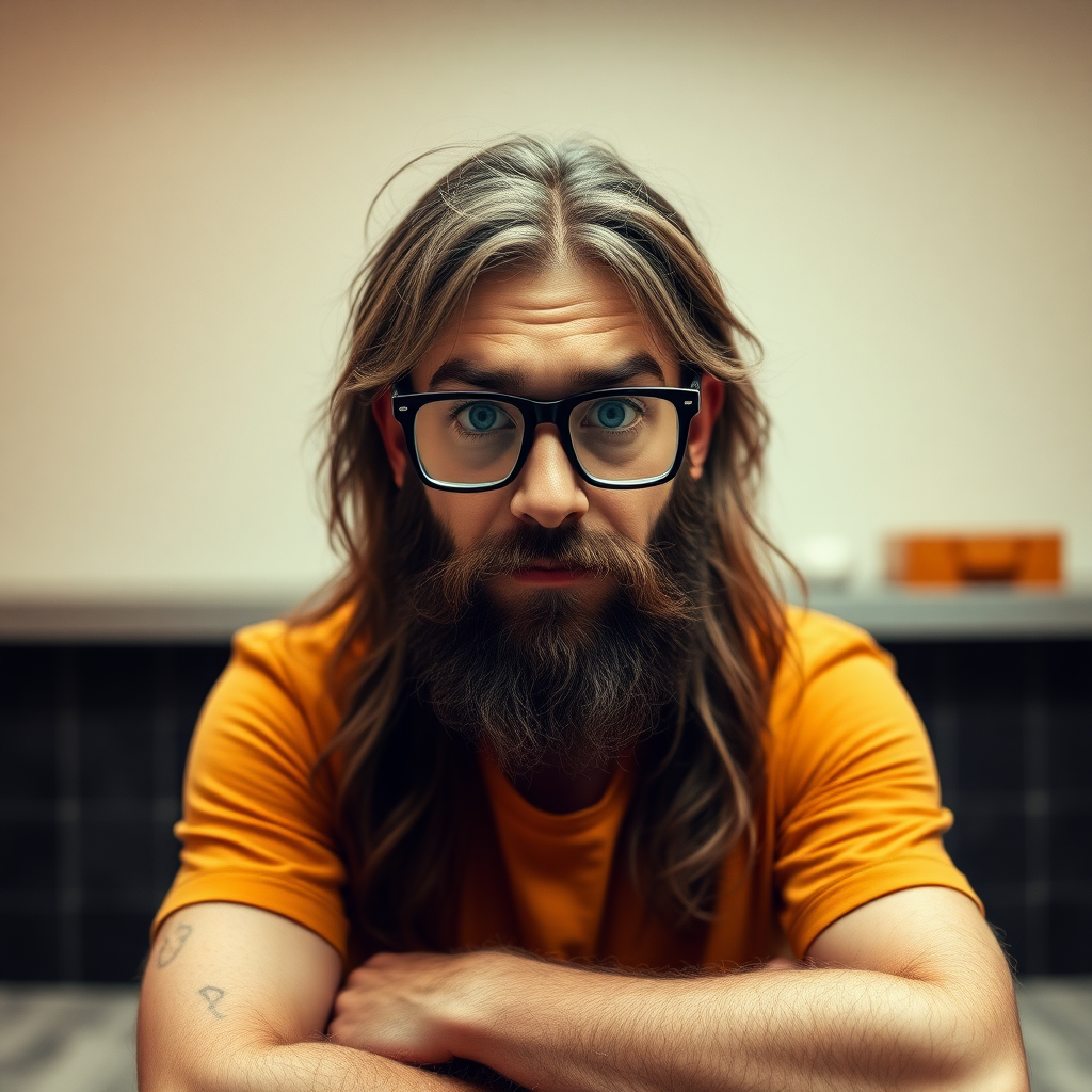 make a greasy man with thin framed square glasses, long hair, small arms and no beard.