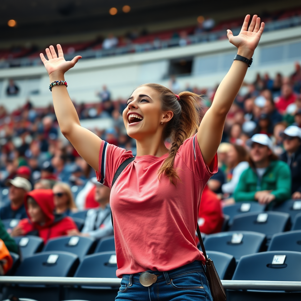 Attractive female NFL fan, pigtail hair, hollering, arms raised, jumping in crowded bleacher row, NFL stadium