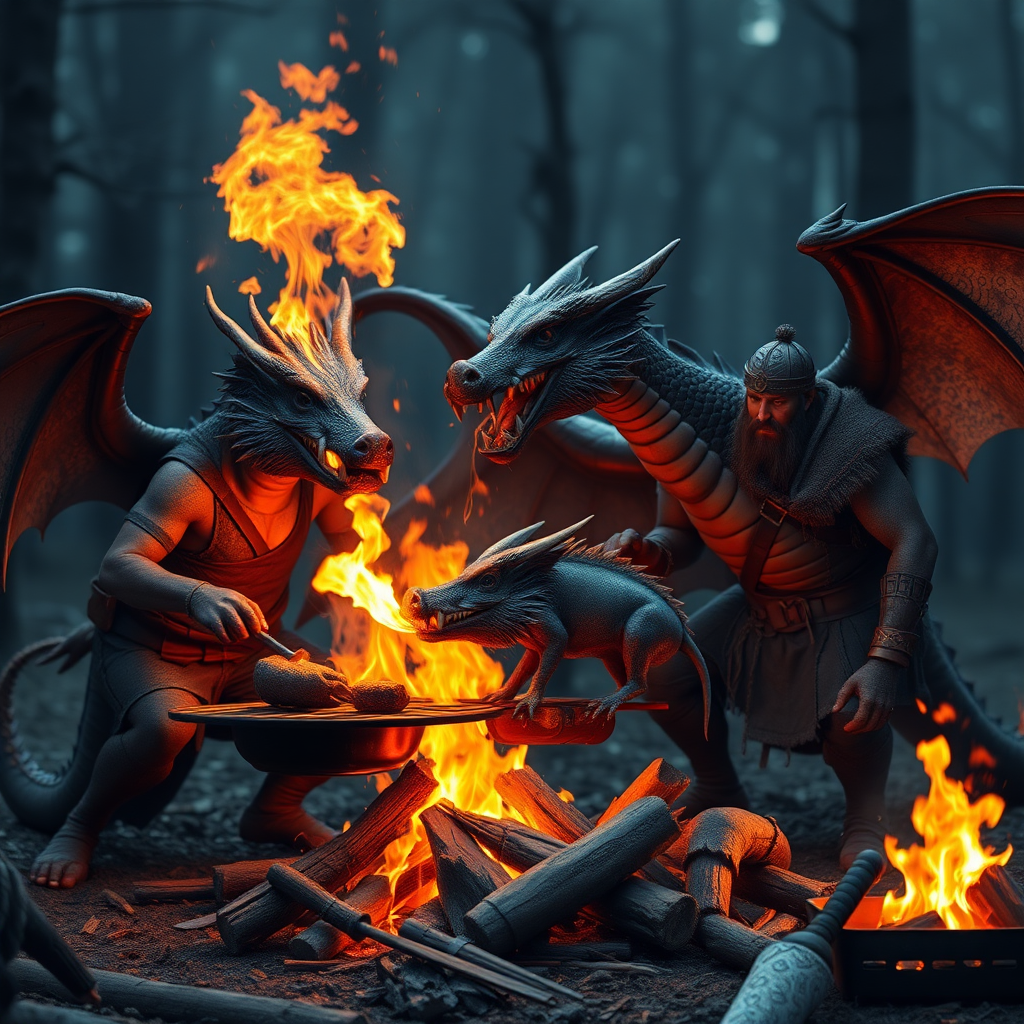 a dragon and a warrior roast the boar on the grill over a campfire, and the dragon spits fire out of its mouth to roast the wild boar.