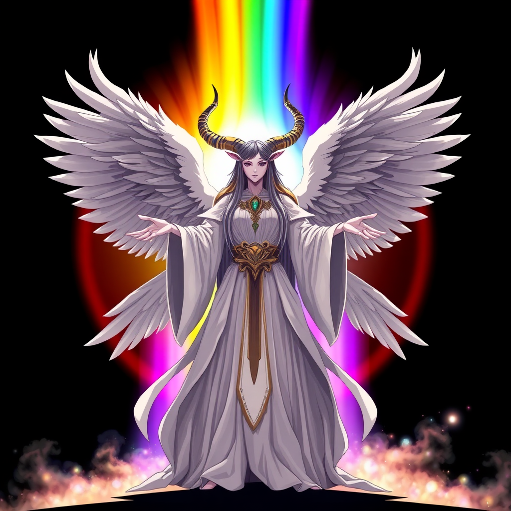 (Anime-styled art) Against a black backdrop, a vibrant, rainbow-like barrier radiates with energy. A powerful, faceless goddess stands at the center, adorned with two imposing goat horns. Her majestic form is draped in flowing white robes, and four massive angelic wings spread wide from her back. With an aura of divine power, she holds her hands out in a commanding gesture, exuding an otherworldly presence.