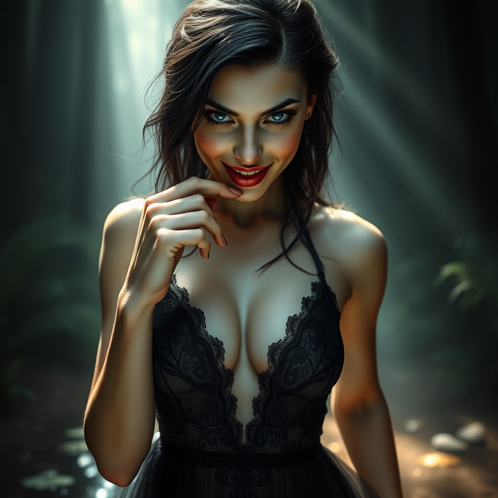 Beautiful Hell image

Enigmatically alluring inviting and scary looking smile.  
Running through secretive place, a small pond with God rays of light shining on her face in a glade in a tall magical forest where she lives, ready for a nude swim at any moment.

The image presents Beautiful Hell standing with a powerful and commanding presence. She is a hyper photo realistic woman, visibly sweating, exuding menace, sexuality and beauty. The background is dark and mysterious, enhancing her enigmatic presence and adding depth to the image.

Hair:  
Her dark raven-black hair cascades down in soft, wavy strands often caught in a breeze, contrasting sharply against her pale, flawless unblemished skin with delicate feminine sexual tattoos sprinkled around her body.

Face:  
A strikingly beautiful face with fine unbroken porcelain white skin and smooth and defined features. Her mouth slightly open with an index finger in her mouth laying on her bottom lip, her eyes a piercing blue, intensely realistic detailed and deep, are intense and captivating, capable of drawing in and intimidating anyone who meets her gaze. Her eyes show an intense need to own the viewer, and are framed by long, dark lashes, adding to their dramatic effect. Her expression is alluring and menacing and intensely and openly sexual, reflecting her dual nature.

Emotional and Visual Impact:  
The image evokes a sense of sexual attraction and admiration for Beautiful Hell’s beauty, body, and intricacy. The combination of sheer fabric, deep plunge line, and delicate lace creates a balance between elegance and allure, making her both captivating and alluring and intimidating. The visual intensity of the image is heightened by the dark, mysterious background, which adds to her enigmatic presence. The overall emotional response is a mix of admiration for her beauty and a subtle sense of fear or respect for her bold and daring and attention demanding design and physical attraction to her. Her demeanor and physical exposure are outrageously bold, giving her an openly gleeful and ecstatic smile reflected in her brilliant blue eyes, and inviting anyone to oppose her.

Dress Design and Features:  
Plunge Line: The dress is made of a thin sheer fabric features a deep and wide plunge line that extends to just below her belly button, revealing the smooth skin of her torso and her belly button emphasizing the dress's allure and Beautiful Hell's alluring natural sexuality.

The dark, remarkably fine fabric of the dress clings closely to her figure, accentuating her curves and emphasizing her feminine form.