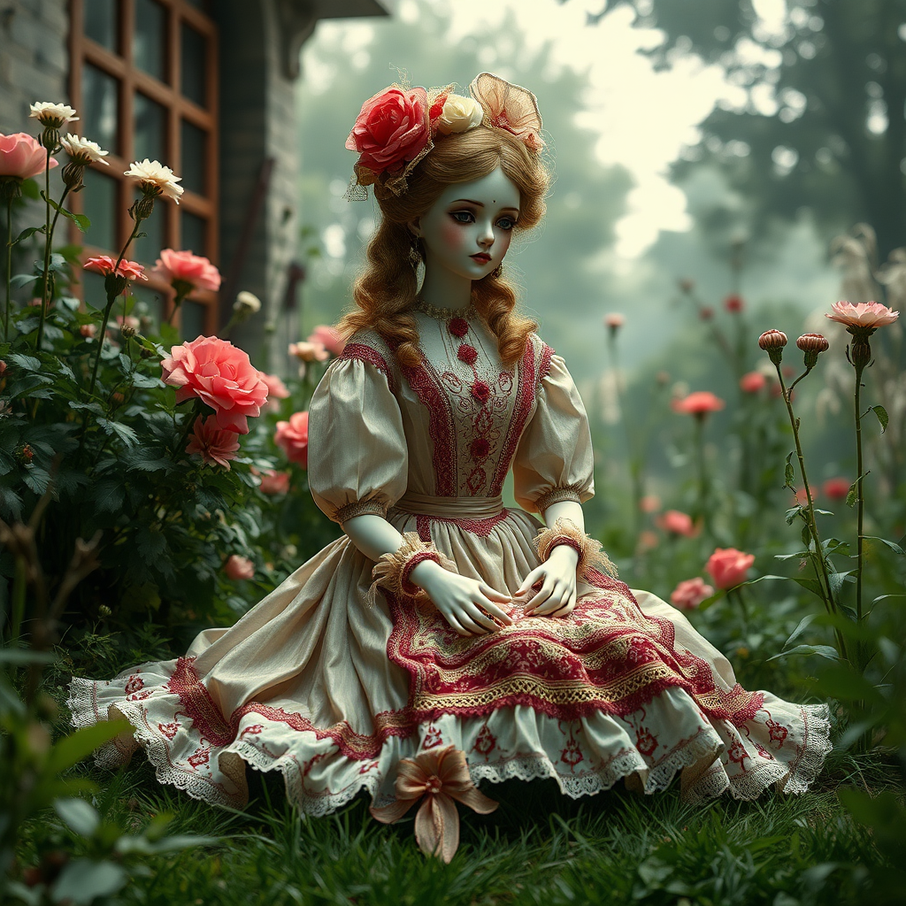 a porcelain doll sitting in the garden wearing a Victorian dress, bjd, poster, perspective, cinematic still, high quality photo, by victo ngai, by Masamune Shirow, by wadim kashin, by audery_kawasaki, by ismail inceoglu, by amy sol, outline, hyperrealism, by klimt, intricate environment, ultra-detailed cinematic shot, impressionistic