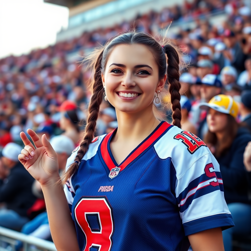 Attractive female NFL fangirl, pigtail hair, jersey, cheering at the bleacher crowd