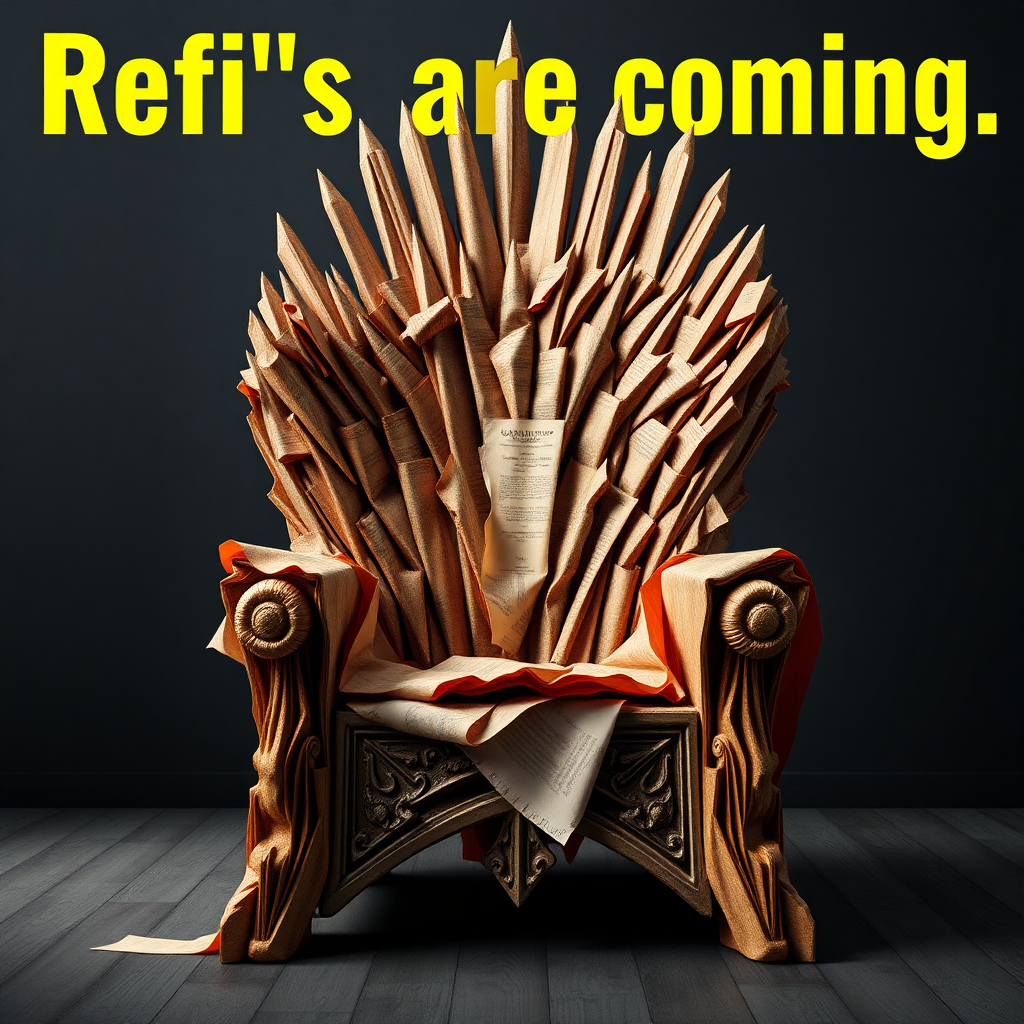 A flyer image of the Game of Thrones chair made out of refinancing paper. The text in the background says “Refi’s are coming”. Photorealistic.