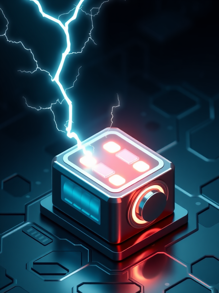 Create an image with precise expression using realistic 3D lettering, express a secondary battery cell, create an isometric view, draw the Tesla phenomenon (lightning) occurring in the battery, and express the background in a cybernetic and luxurious dark blue.