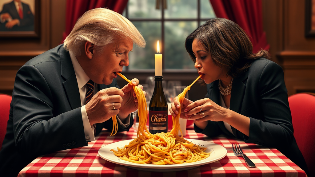 Photoreal style. ratio: 16:9. Donald Trump and Kamala Harris eating in an Italian restaurant a la the one in 'Lady and the Tramp.' Checkered tablecloth, Chianti bottle used as a candle holder. Both humans are eating spaghetti from the same plate with their hands, and end up eating the same piece of spaghetti, making their heads meet.