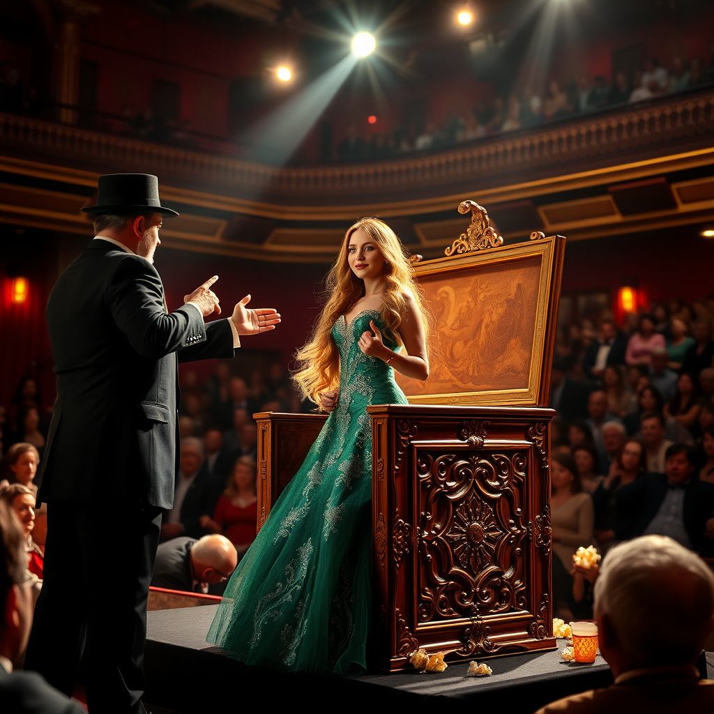 In a vibrant theater filled with an eager audience, a beautiful female magic assistant with cascading, shimmering hair flows like liquid gold down her back, stands confidently on stage. Her mesmerizing emerald gown, adorned with intricate silver embroidery, captures the spotlight as she prepares for the grand illusion. The atmosphere crackles with anticipation, accented by the sweet scent of popcorn wafting from the audience. 

With a flourish of his hand, the dashing magician, clad in a classic black tuxedo and a top hat, gestures dramatically towards a large, ornate wooden box, glimmering under the dazzling stage lights. The assistant steps into the box, her expression a mix of trust and excitement, as the audience collectively holds their breath. 

As the magician begins his elaborate routine, the sound of a mystical tune emanates from hidden speakers, creating an enchanting backdrop. The magician swiftly saws the box in half with a glimmering silver saw, the sharp metal slicing through wood like butter. The audience gasps in astonishment, their wide eyes reflecting both disbelief and wonder. 

In that moment, the assistant's serene, enchanting smile seems to defy the impossible, blending bravery with a touch of playful mystery, captivating everyone present. The bright lights cast dramatic shadows, heightening the suspense. As the trick reaches its climax, the air is thick with enchantment and excitement, wrapping the entire scene in a dazzling aura of magic.