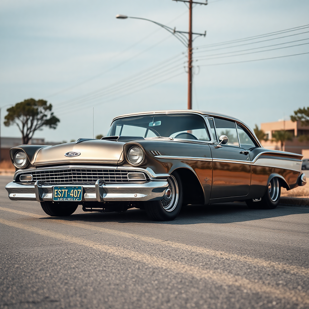 The drag car is parked on the side of the road, inspired by Taiyō Matsumoto, tumblr, restomod, nd4, c4 metallic shine classic American low rider Ford.