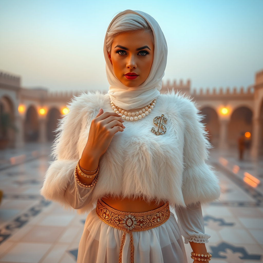 Kuwait desert palace harem patio misty dawn: Melissa, European 17 years old very convincing femboy “trophy-bimbo”, tamed servile docile, very beautiful feminine flawless face, rather short, by hormones very curvaceous womanly figured, platinum blond short tight curls, heavily made-up eyes, wearing Supertanya-style fluffy very fuzzy bright white angora turtleneck-poncho cropped ending under bust decorated with pearls and gemstones, striking oriental wide gold bridal protection belt, white fully transparent harem pants, full Oriental bridal jewelry, face covered by white sheer full Burka, coin anklets, striking diamond “$$$” letter brooch on left chest, pout frustrated, seductively dancing for the sheik, looking at camera. Focus on face and turtleneck-poncho.