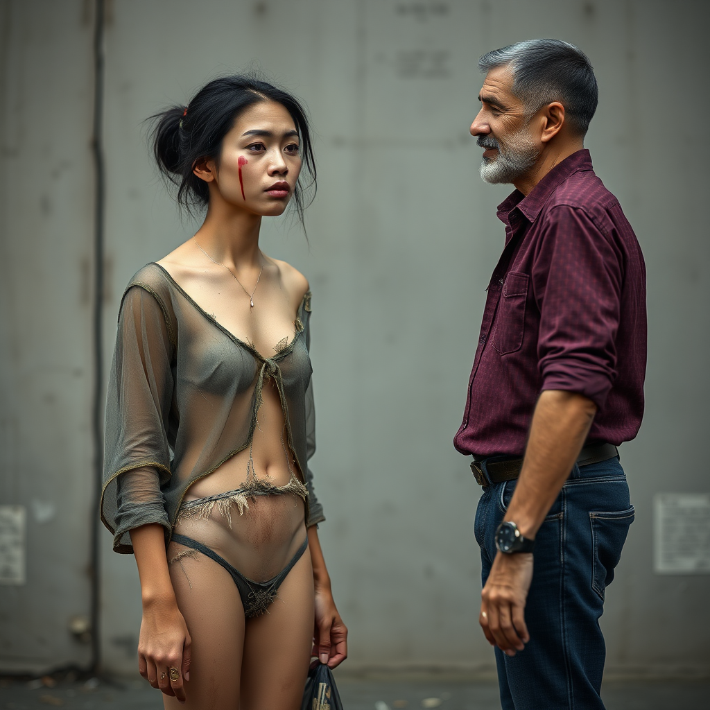 A young, unkempt, neglected, homeless, unhygienic Asian woman, who seems out of this world, is depicted as a complete person with the maximum allowed nudity. She is mostly portrayed in an erotic manner, which is reflective of her situation. Her indescribably sad and mystical facial expression is meant to dominate the image. Her skin is healthy but unclean, as she hasn’t been able to wash for several days. Her feelings of shame are intensified by her unpleasant odor! The Asian woman wears a torn, old, completely transparent, extremely short and crop-top shirt, and a completely torn, tattered, old short bottom. A strong sense of shame is evident on her face. She is extremely embarrassed. Her small and inconspicuous navel is always visible. The Asian woman has a very beautiful, normal, youthful, and yet feminine body shape. Her slim figure is enviable! She has a pronounced wound on her face and looks as if she’s about to cry. She appears pitiful, sad, and utterly hopeless! It seems as if she is afraid of something! Facing her is a 60-year-old German man. The German man, who still looks youthful and well-groomed, looks at the Asian woman as if he is offering her his help. The German man is shaven and slim, has a normal fashionable haircut, and his hair is dark brown. He wears a new, nice, but simple wine-red shirt with a subtle pattern and new dark blue jeans. The German man looks sympathetic, smiles slightly, and looks at the Asian woman kindly, as if he has great compassion for her. The Asian woman, unable to meet the German man’s gaze due to her embarrassment, can be seen to like him.