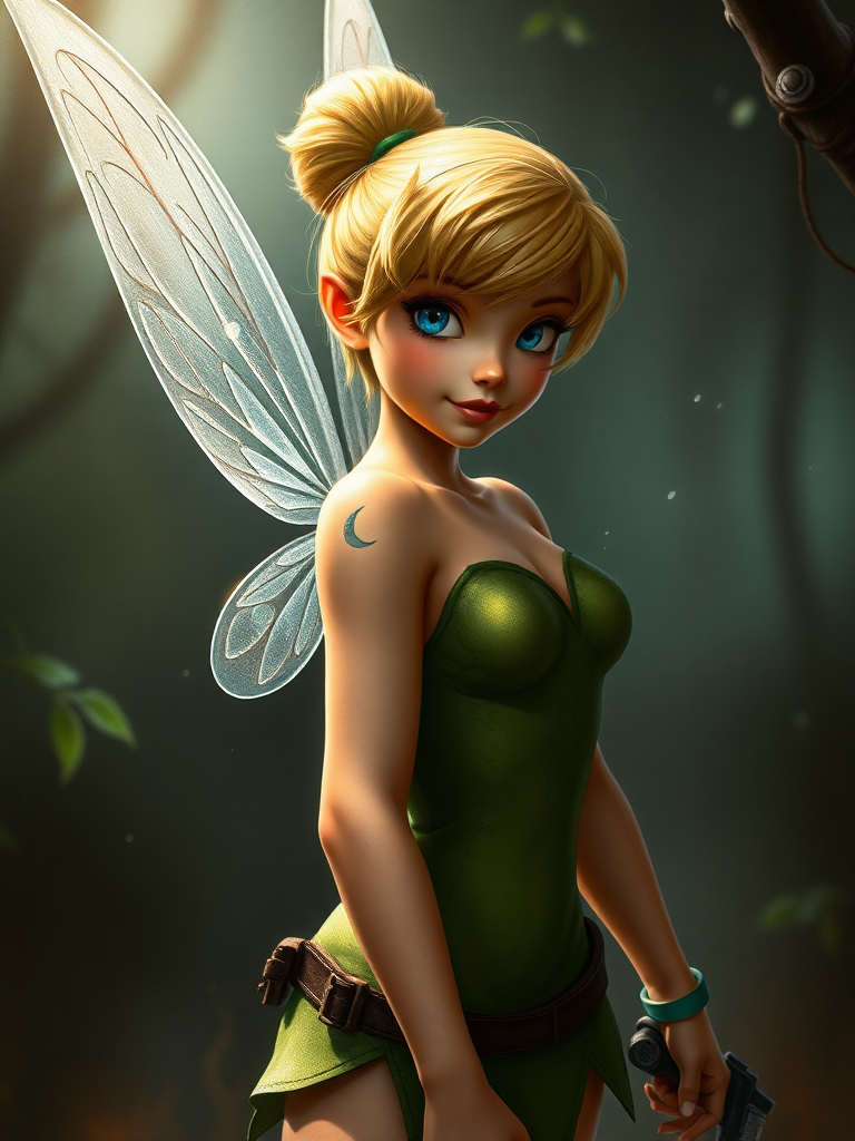 Create a detailed hyper-realistic digital painting of Tinkerbell with the body type of Leon Kennedy from Resident Evil, keeping her head intact while modifying the silhouette to reflect this change. Design a background that harmonizes elements from both Tinkerbell's magical world and the action-packed universe of Resident Evil, ensuring a seamless blend that complements both characters.