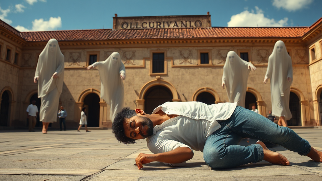 Miguel collapsing to his knees in an open courtyard, his face contorted in anguish as ghostly voices scream for freedom and justice.