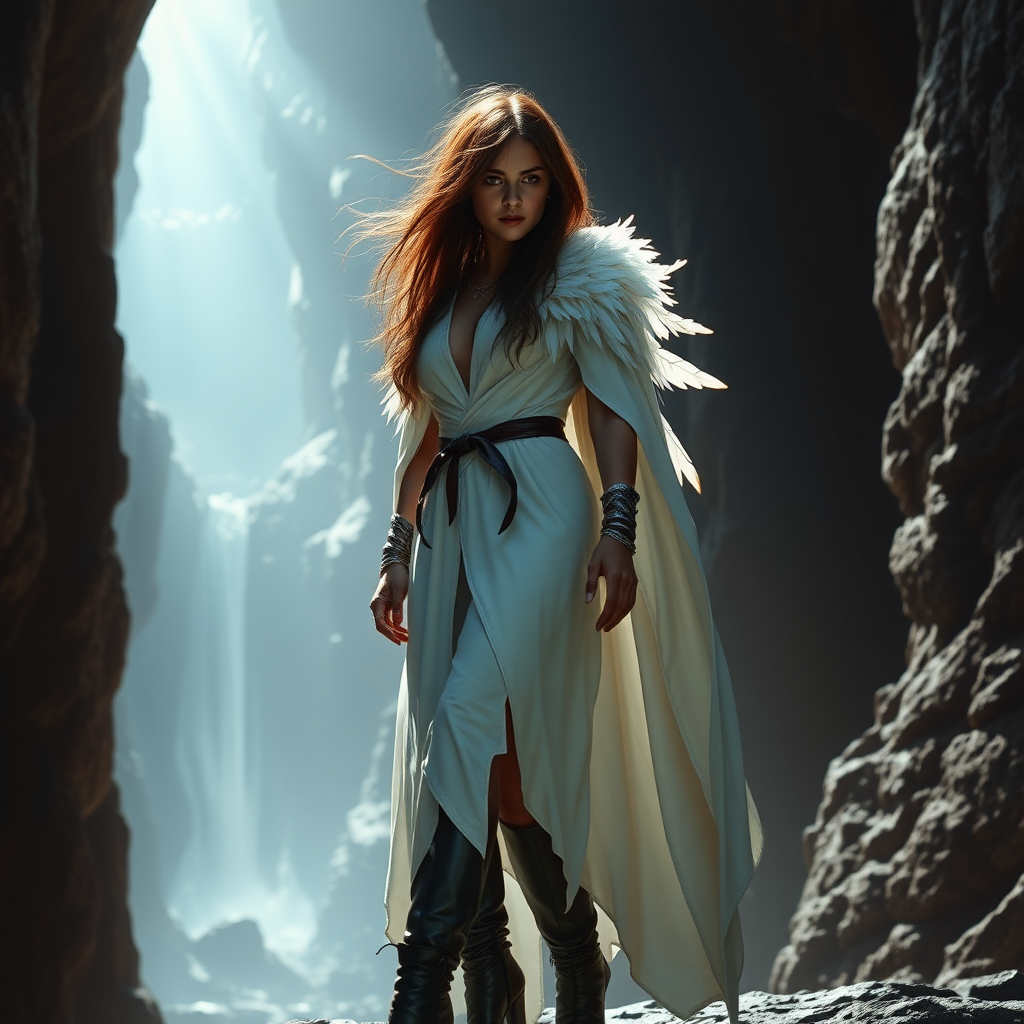 A female like (Ana de Armas). Messy long hair. White robe, feathers, cloak, high heel ankle boots. Chasm in Ultima underworld. Photorealistic digital matte painting, highly detailed, film grain, lens flare.