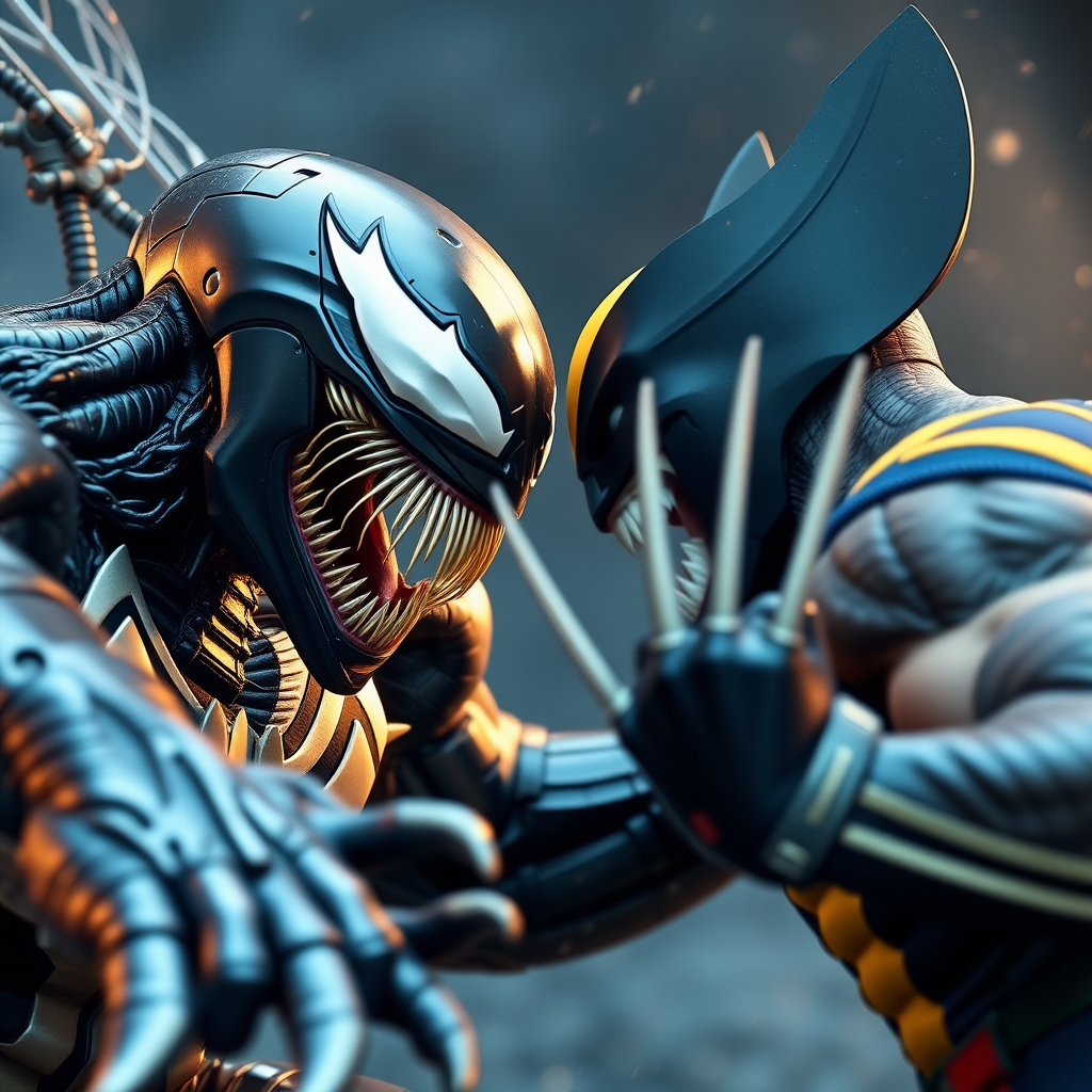 comic book cover is Venom Vs Wolverine in Cinematic Real3d photo-realistic quality.