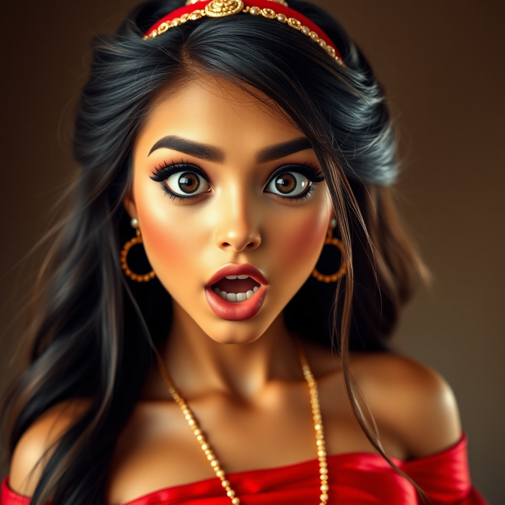 surprised Arabian girl with mouth open. She has very large eyes, black eyeshadow, black eyeliner, fake eyelashes, very tanned skin, very long hair. very high ponytail, princess jasmine, red off shoulder shinny crop top. photo realistic