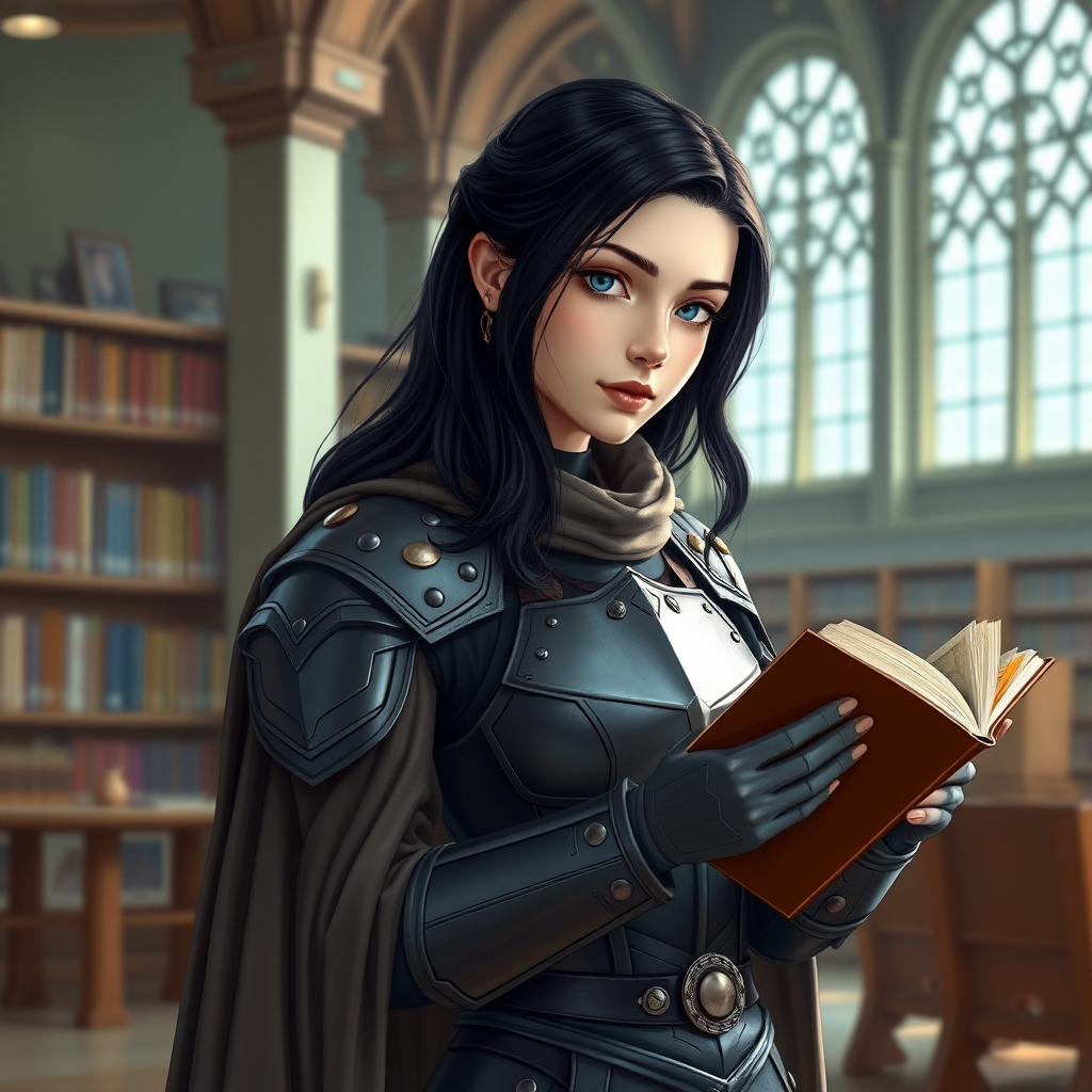 beautiful young woman, dark hair, past her shoulders, blue eyes, small, slim figure, wearing full leather armor suit, long cloak, reading a book and having lunch in a large school library.