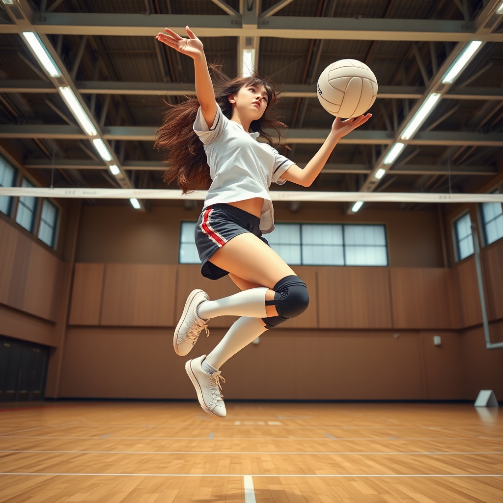 a twenty-something female with messy long hair, jumping to spike a volleyball in a modern japanese gymnasium. she is wearing a school athletic outfit, knee pads, and white running shoes.