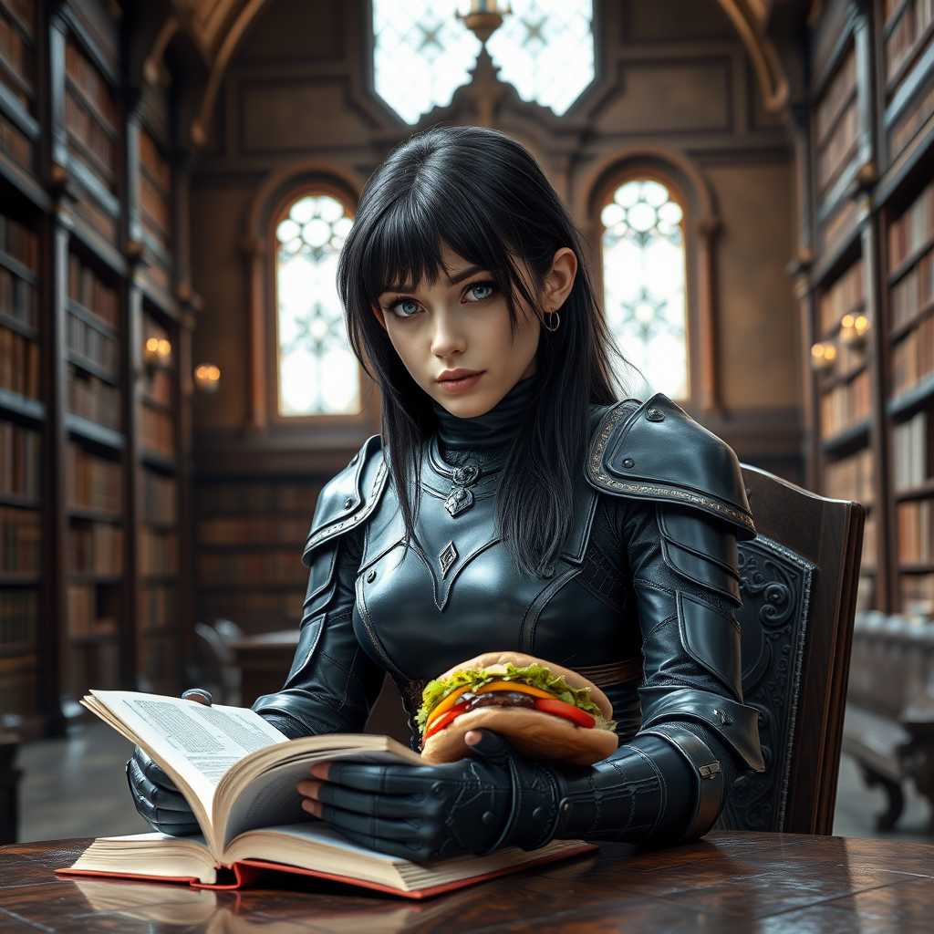 beautiful young woman, dark hair past her shoulders, blue eyes, small, slim figure, wearing full leather armor suit, sitting, sandwich on table, reading a book, in a grand old library.