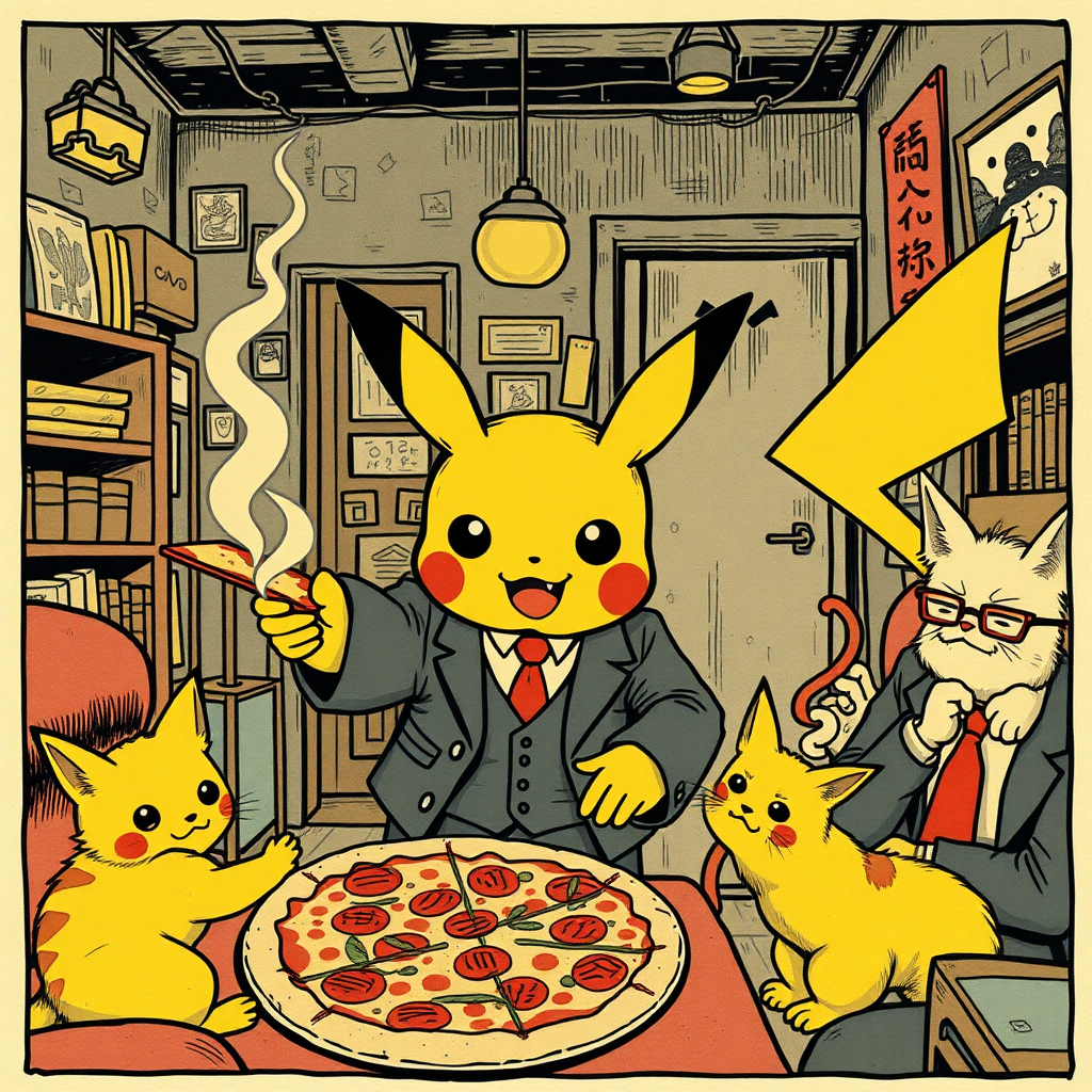 A well dressed handsome Pikachu demon delivering pizza to angry used car salesmen kittens in a decayed apartment, Chinese woodcut,