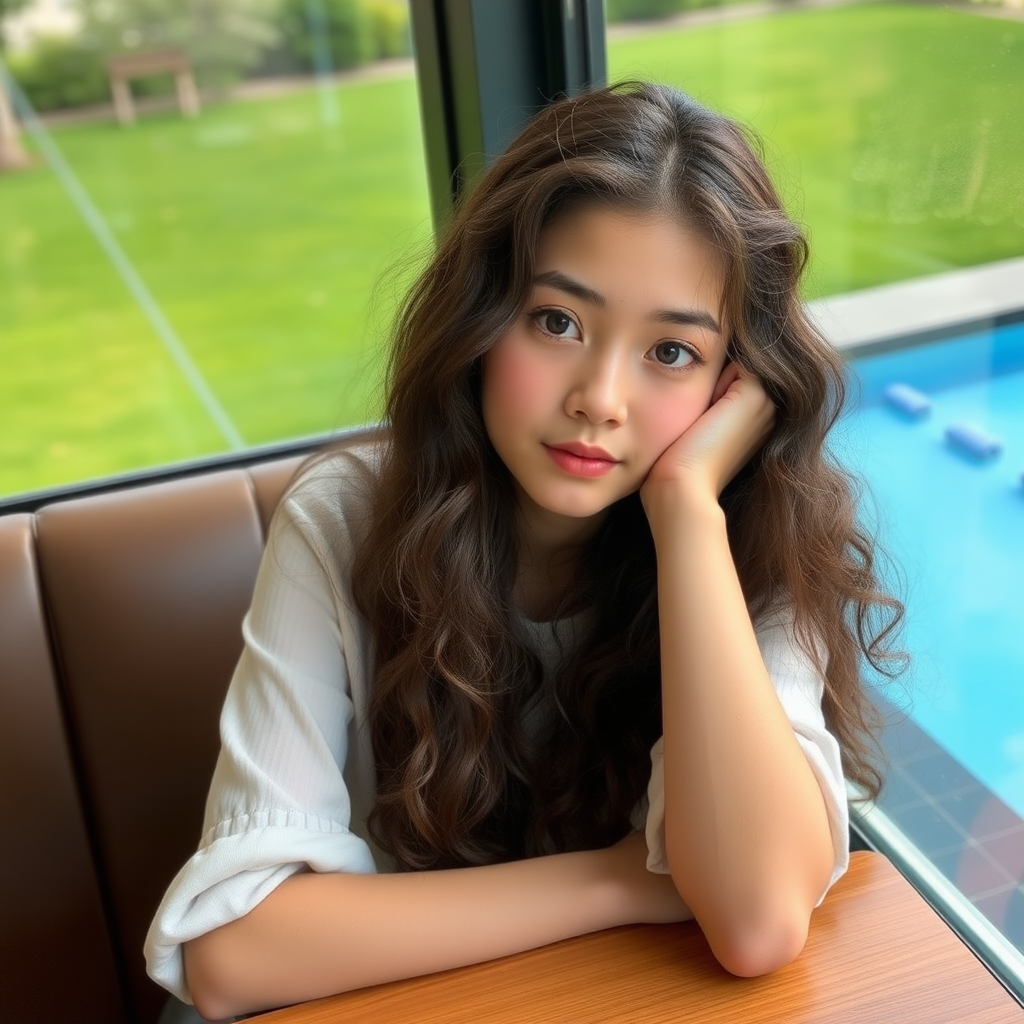 A young 18-year-old beautiful Xiaohongshu blogger with fair skin, big eyes, long curly hair, a pointed face, and very slender, is sitting in a café, leaning on the table. Outside the window, there is green grass and a swimming pool.