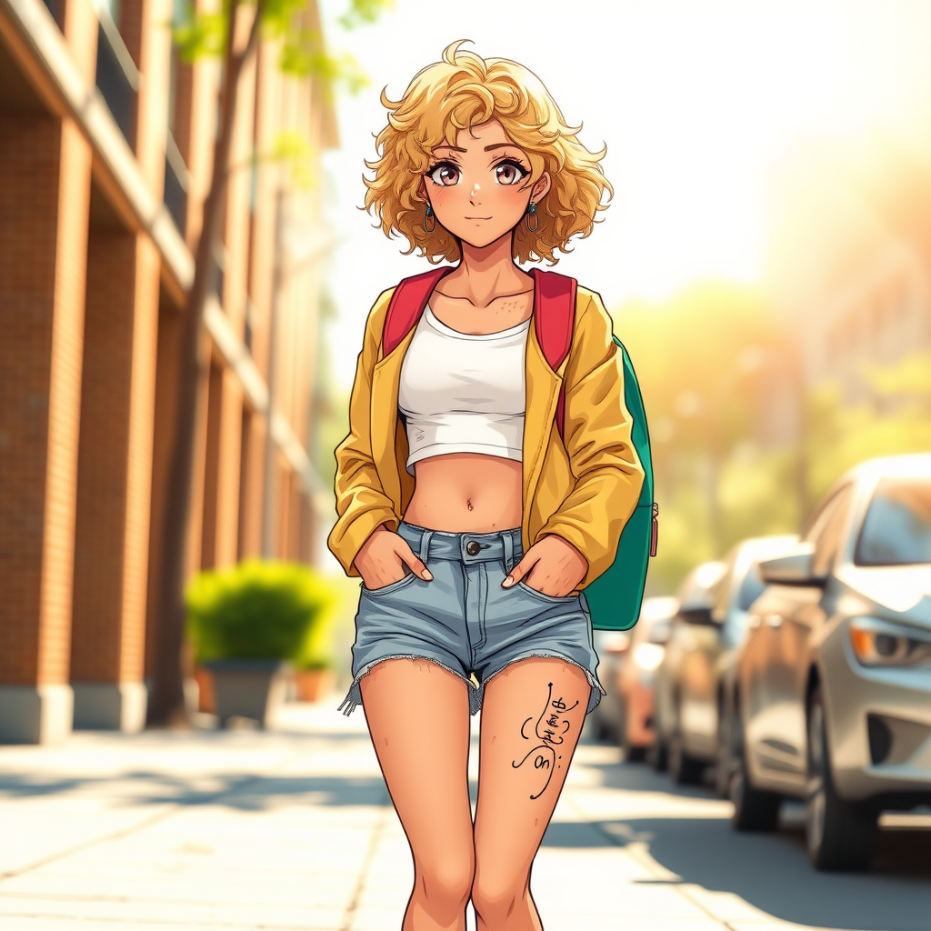 Ultra Realistic taken photo style image, Extremely good quality 8k resolution drawn manga image of a 15 year old petite and short tomboy girl with golden blonde curly hair with mixed and different colored eyes for each eye and moles on her entire body and is a white American girl, Has on a Gold Jacket over a white extremely short crop top only covering her breasts and nothing more with a design on it, and has on ripped shorts and cool looking sneakers and a deep and big cut type scar on her stomach from a huge injury she had, with a bright color backpack, ear piercings on, walking on the street to school in the morning with the beautiful sunlight lighting up her body beautifully.