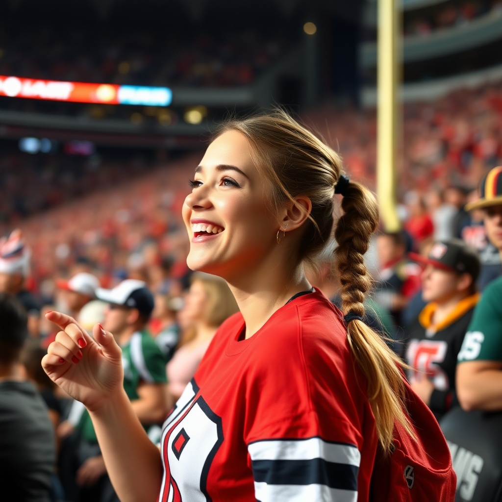 Attractive female NFL fan, pigtail hair, cheering, at crowded stadium bleacher row