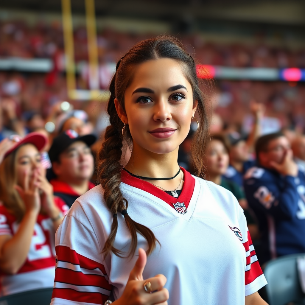 Female NFL fan, hot, pigtail hair, jersey, cheering, inside the crowd, staring from a TV camera perspective